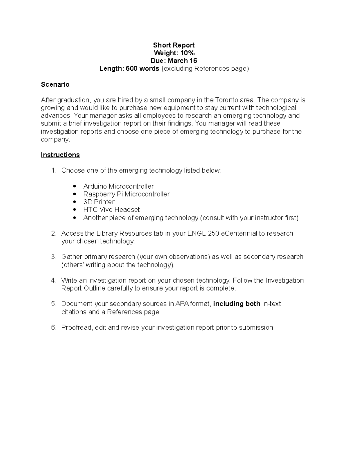 Short Report - reviewer - Short Report Weight: 10% Due: March 16 Length ...