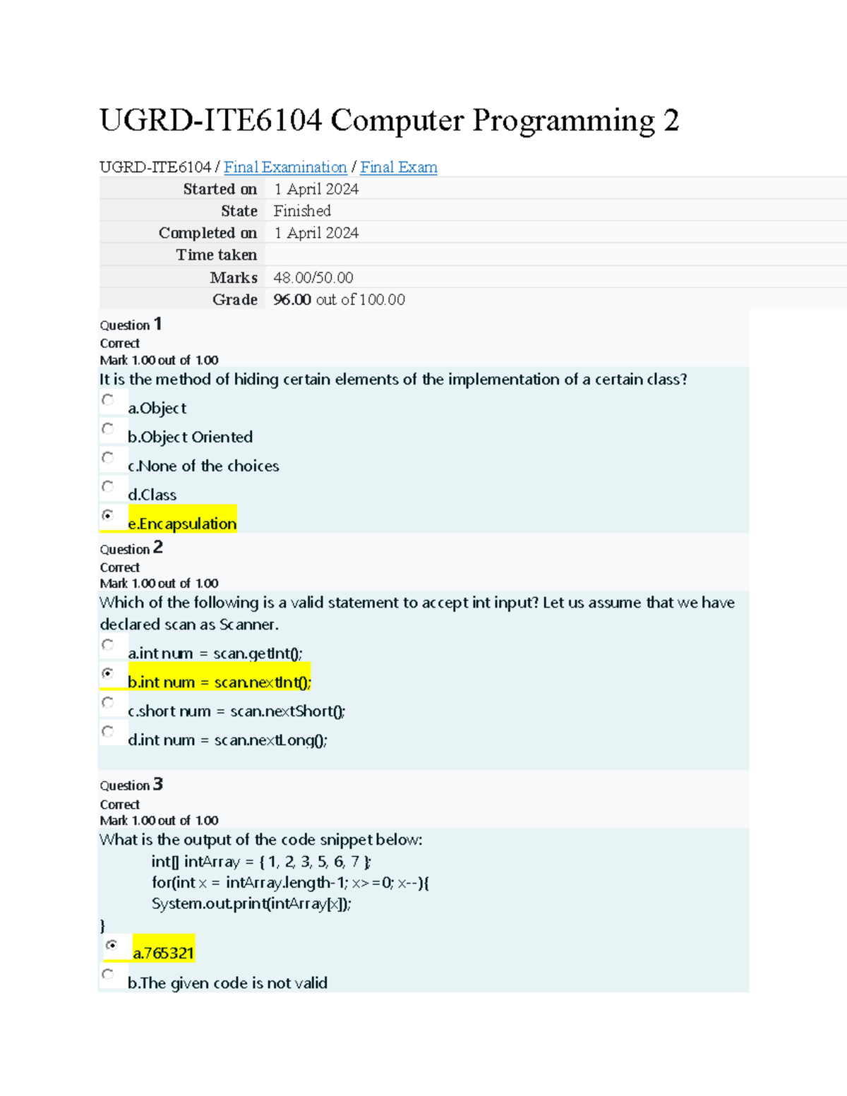 Computer Programming 2 Final Exam - Exam And Lab Collate - UGRD-ITE6104 ...