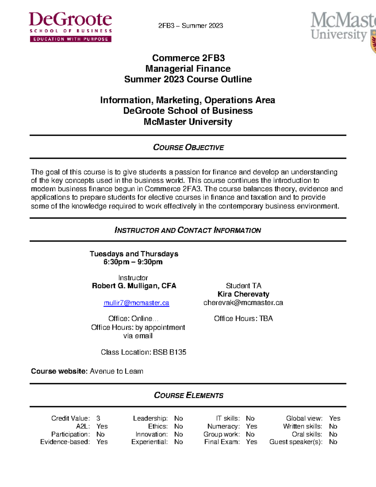 Commerce 2FB3 Managerial FinanceCourse OutlineSummer 2023 2FB3