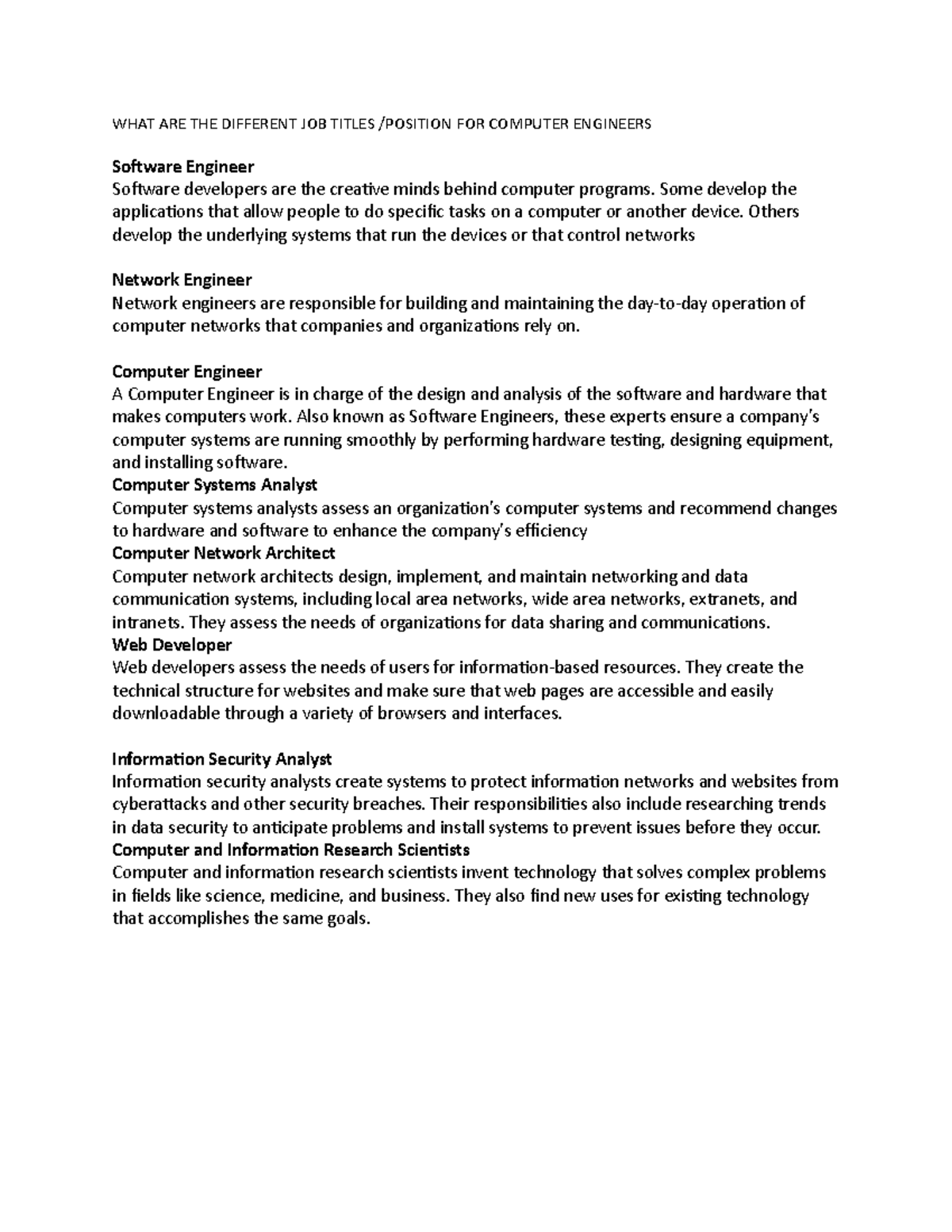 Module 2 WHAT ARE THE DIFFERENT JOB TITLES /POSITION FOR COMPUTER