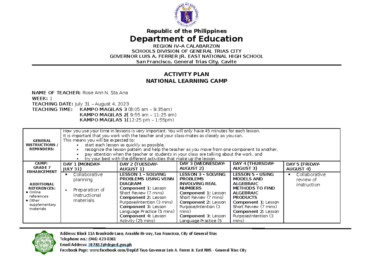 Activity Plan July 31 Aug 4 Republic Of The Philippines Department Of Education Region Iva 6879