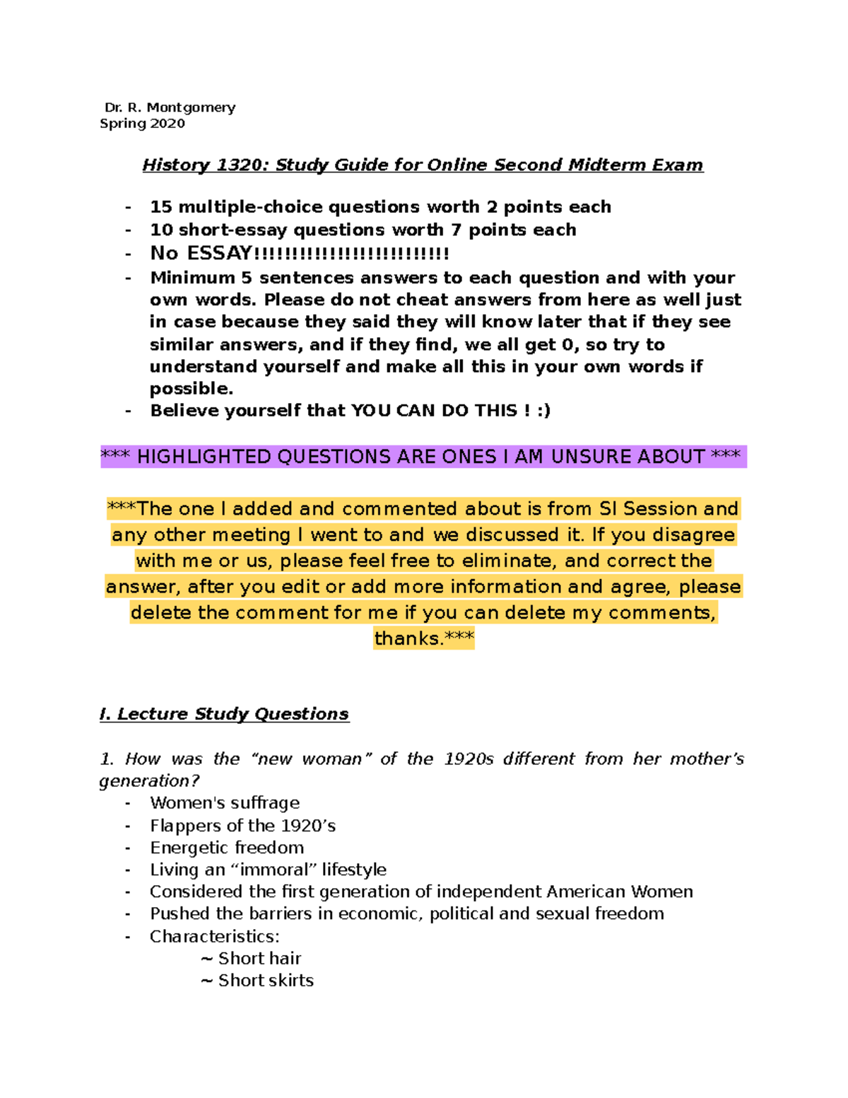 EXAM 2 Study Guide - HIST 1320 - Dr. R. Montgomery Spring 2020 History ...