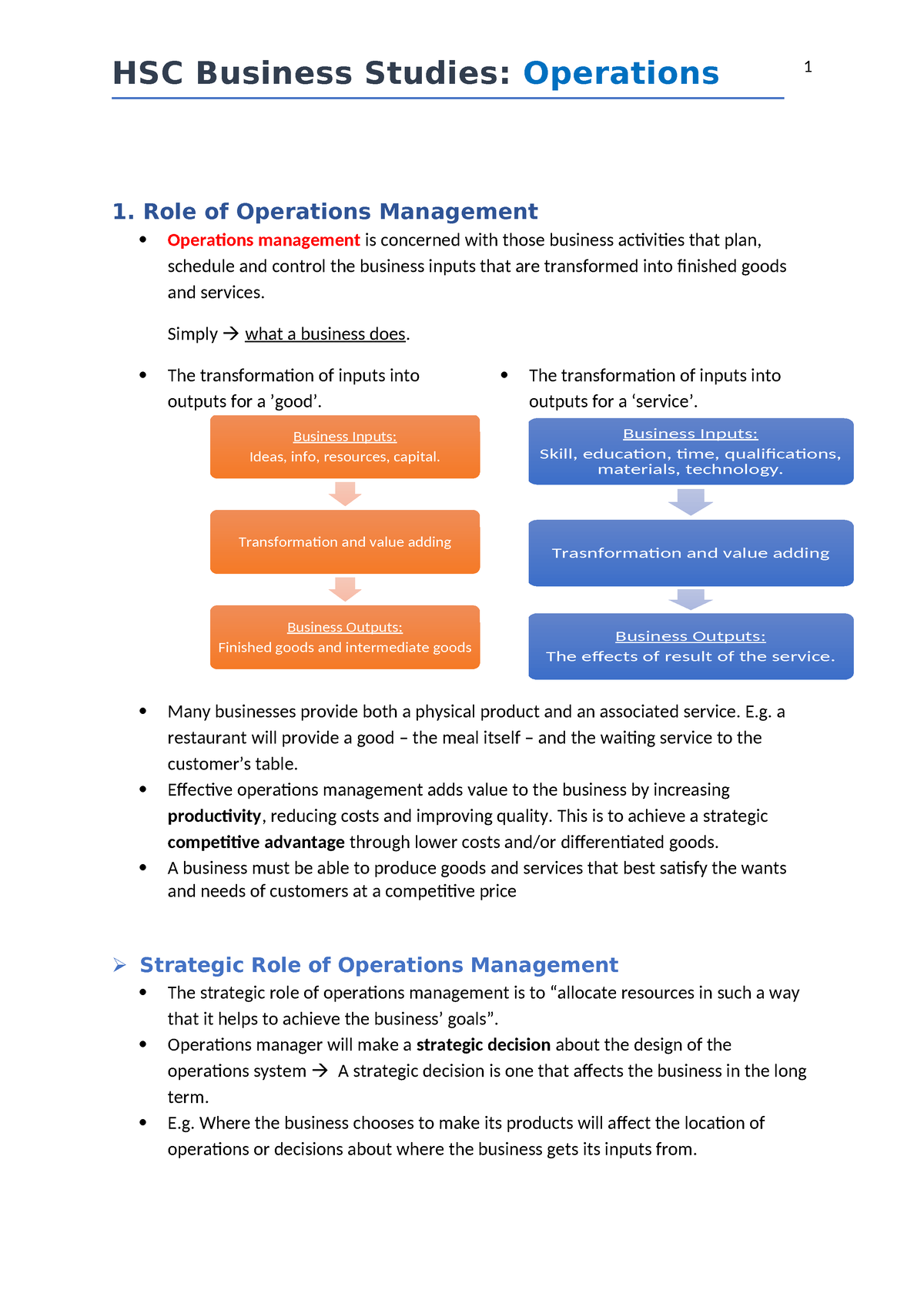 Operation notes - HSC Business Studies: Operations 1. Role of ...