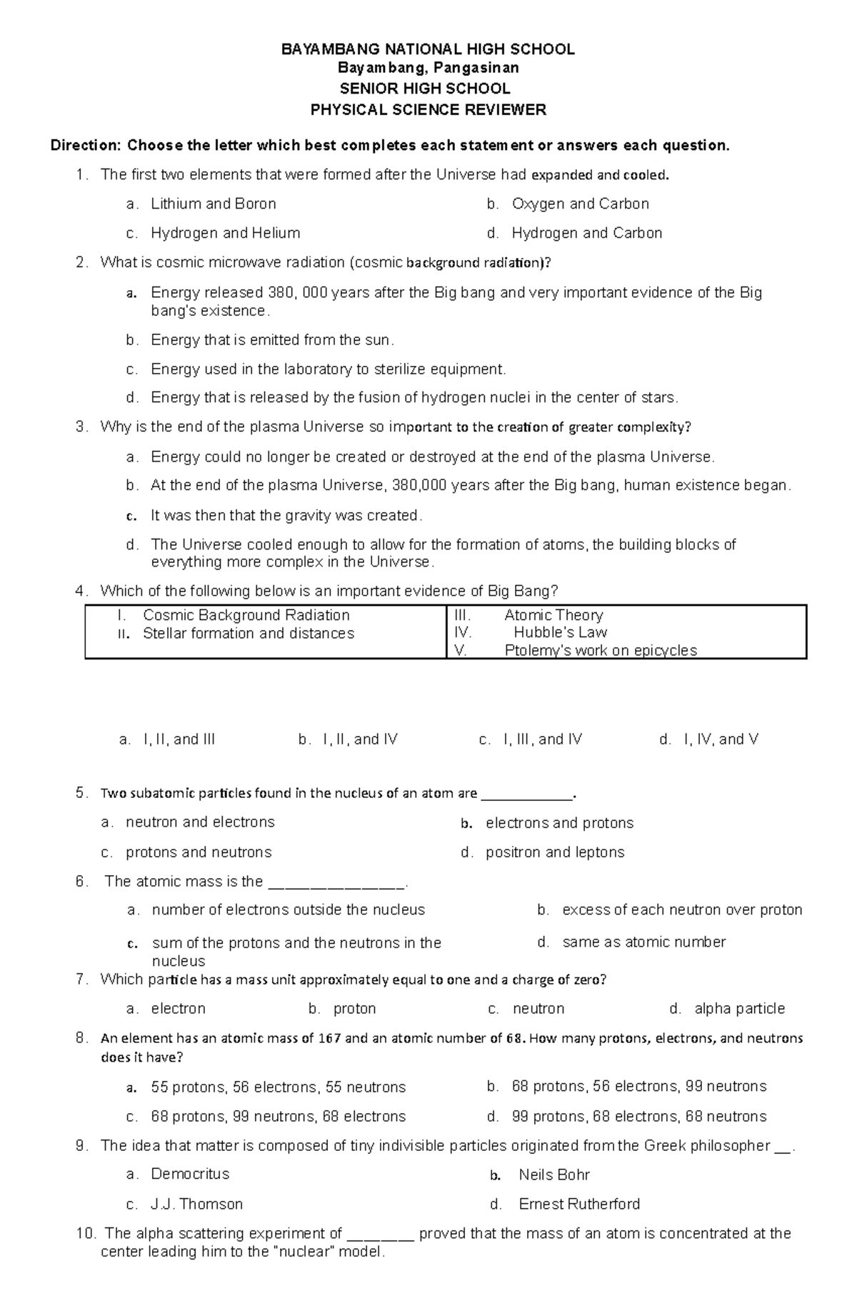 Physical science reviewer - BAYAMBANG NATIONAL HIGH SCHOOL Bayambang ...