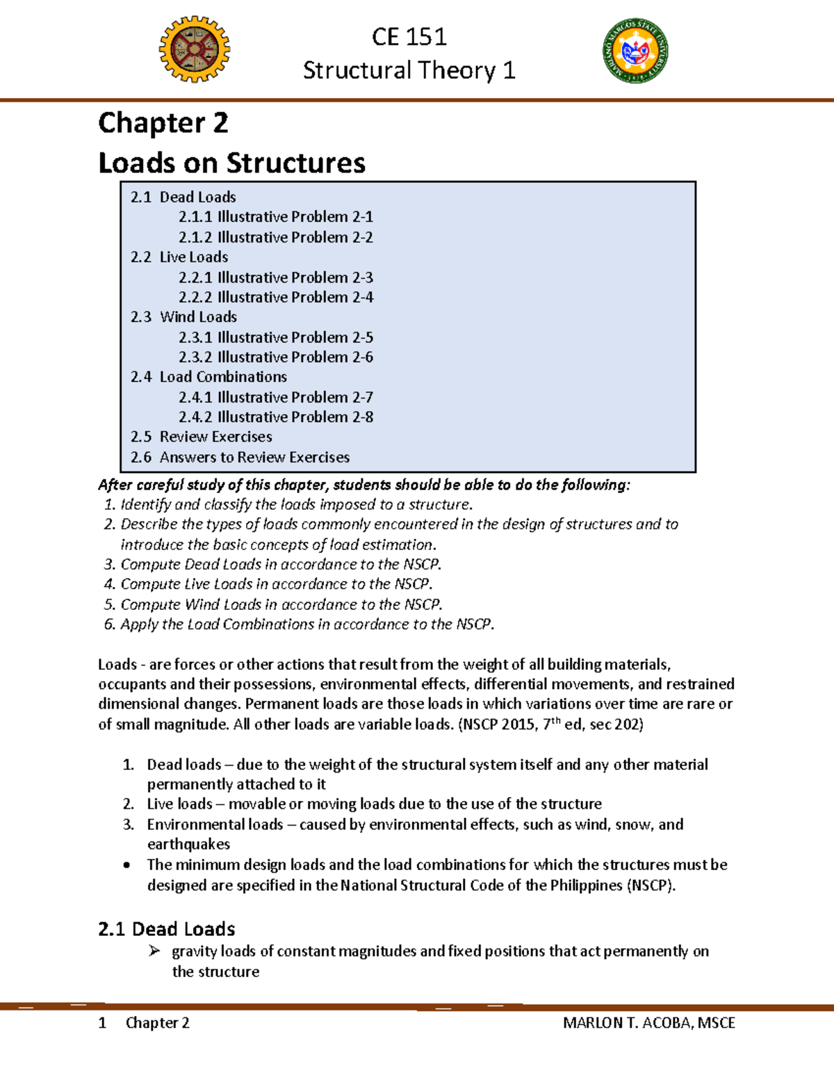 Chapter-2-pdf Compress - Structural Theory 1 Chapter 2 Loads On ...