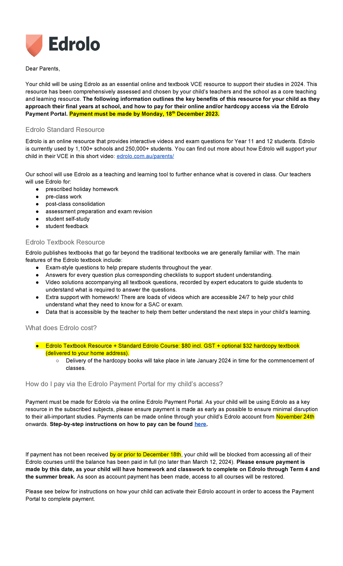 Bannockburn P-12 College - Edrolo Payment Portal Parent Letter 2023 24 ...
