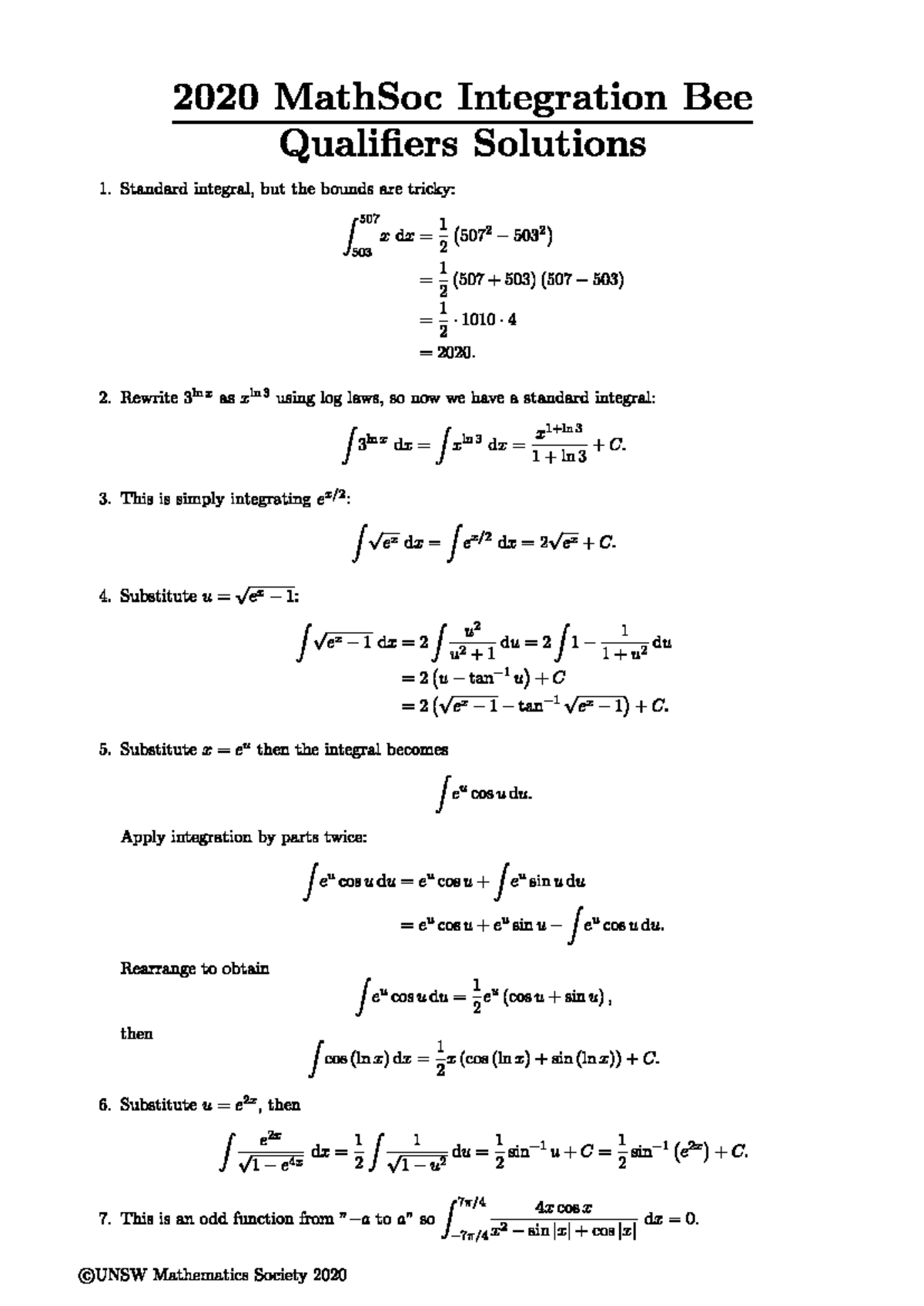 Solutions - 솔루션 - 2020 MathSoc Integration Bee Qualifiers Solutions 1 ...