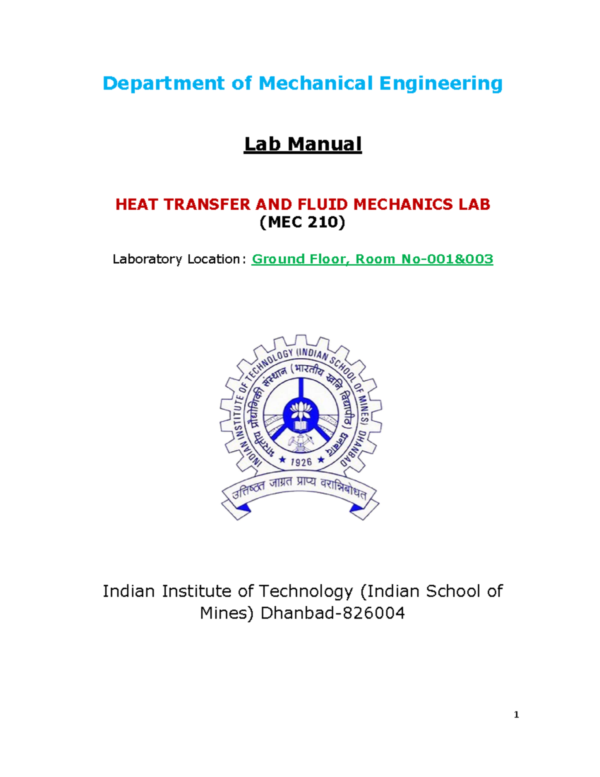 MEC 210 Heat Transfer and Fluid Machines - Department of Mechanical ...