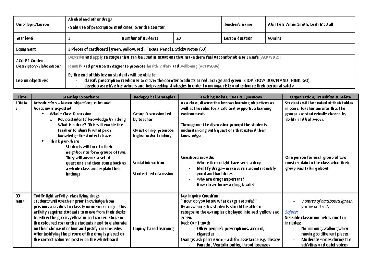 EDUC2707 Lesson Plan - Alcohol and other drugs Safe use of prescription ...