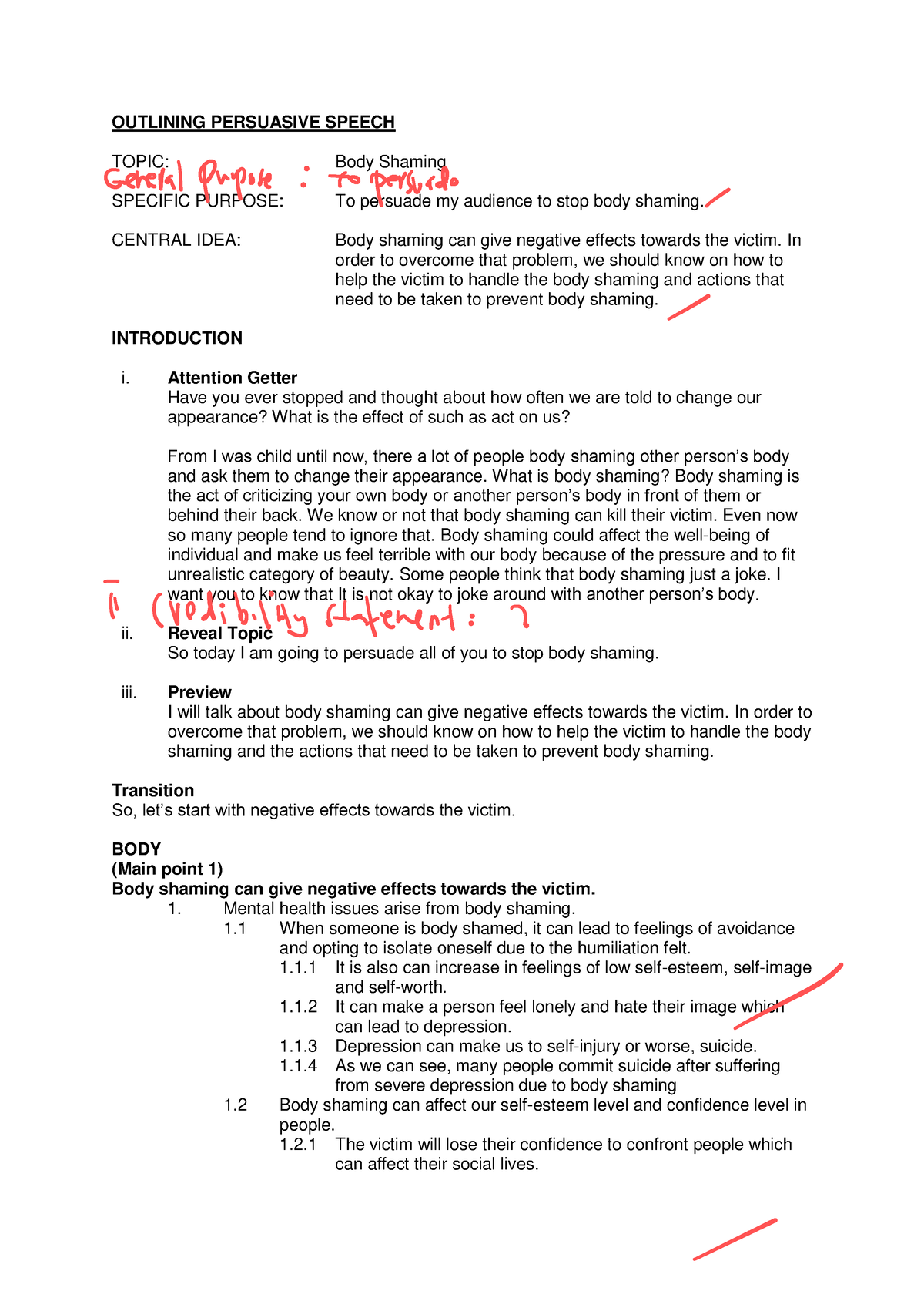 body shaming persuasive speech outline