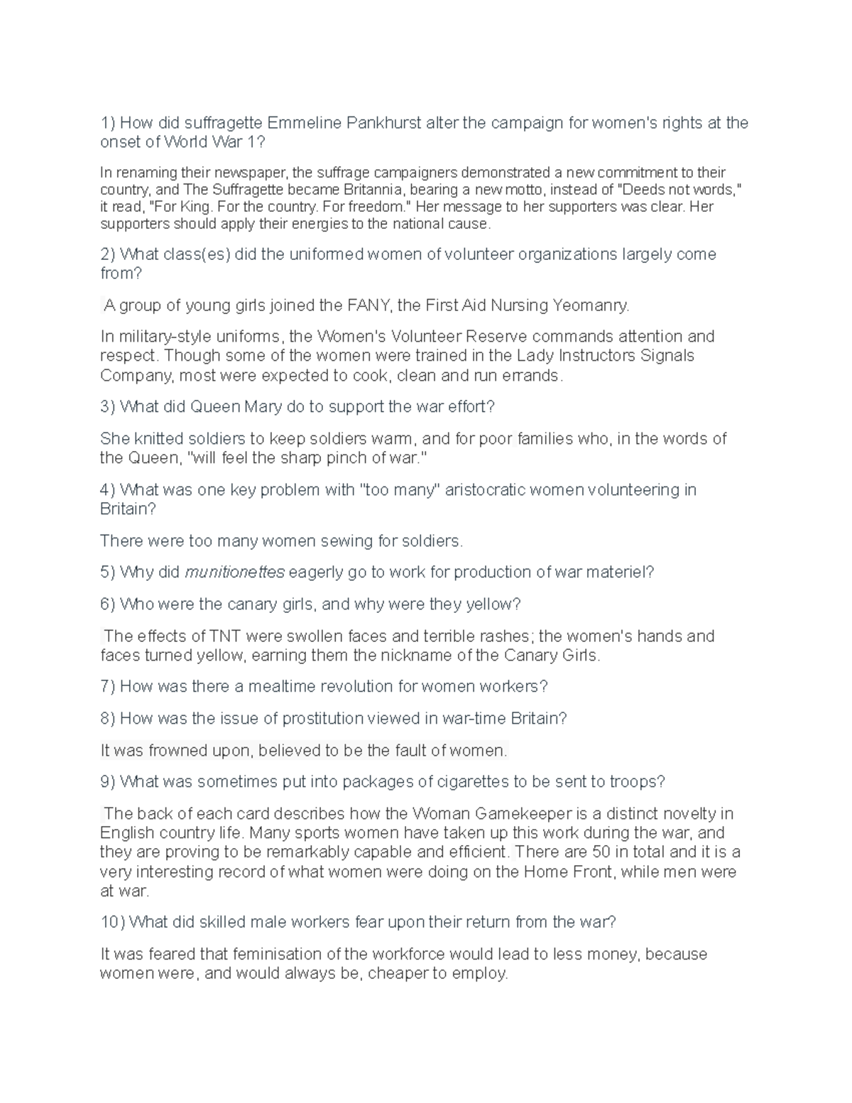 The Women of World War One Documentary BBC Worksheet - How did ...