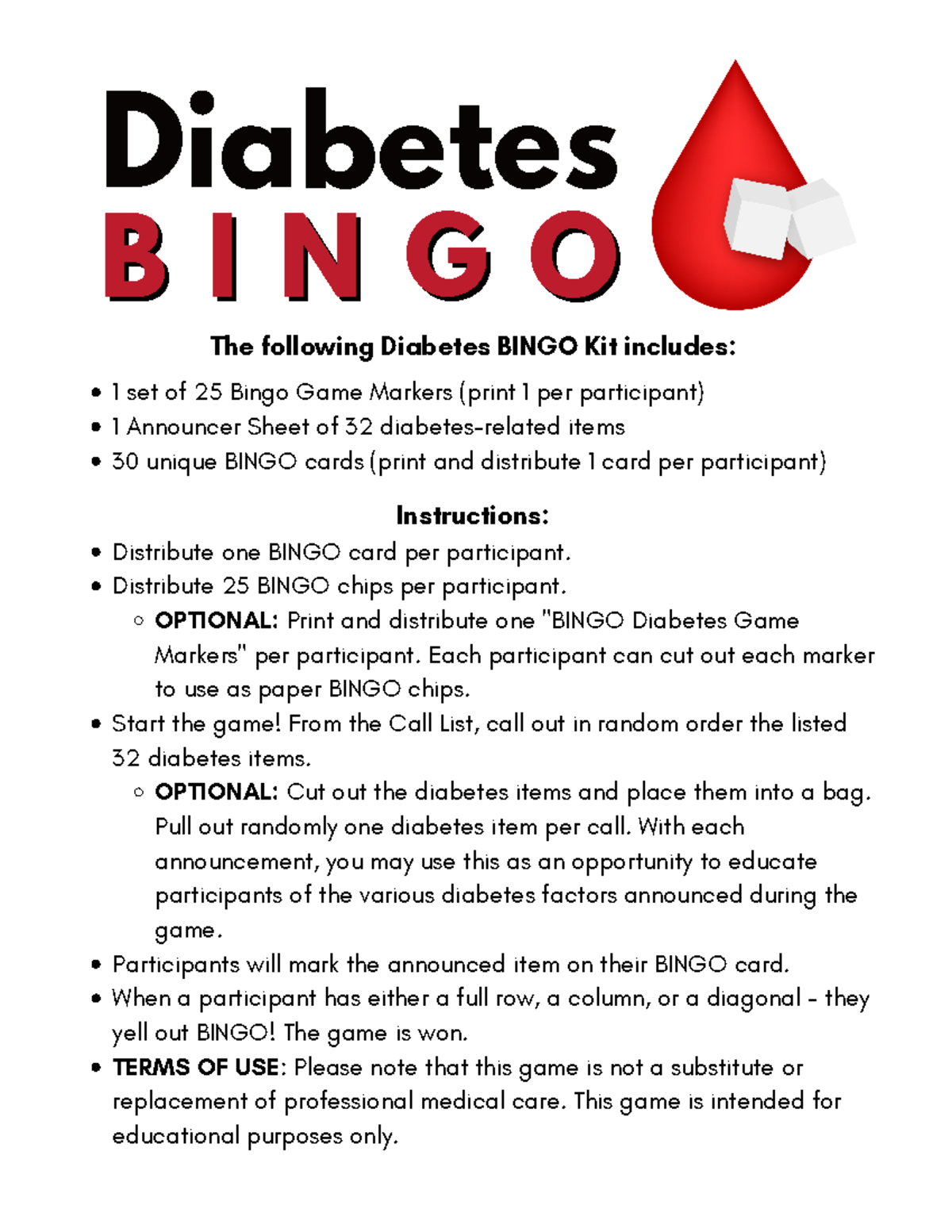 Bingo Diabetes Game Kit - B I N G O B I N G O ####### 1 set of 25 Bingo ...