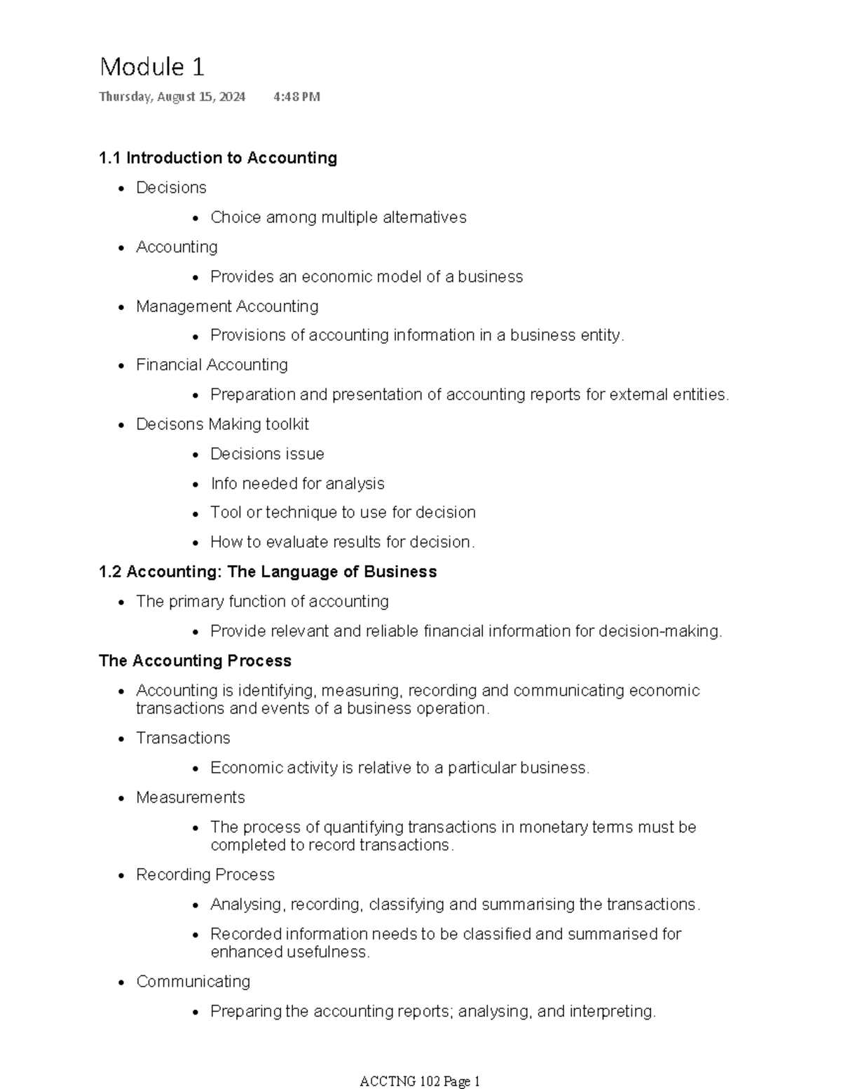 Module 1 Acctg - 1 Introduction to Accounting Decisions Choice among ...