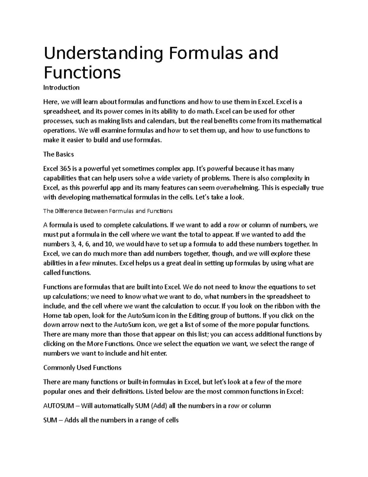 Understanding Formulas and Functions - Understanding Formulas and ...