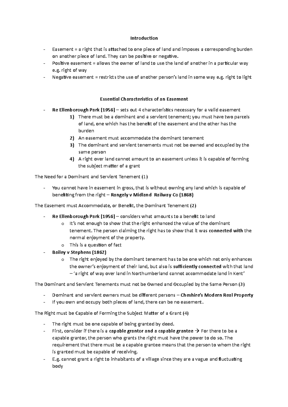 Reading - Clear revision notes on easements - Introduction Easement = a ...