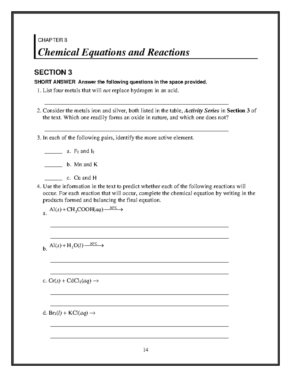 Chemistry worksheet grade 10 ch8 sec3 - 14 CHAPTER 8 Chemical Equations ...