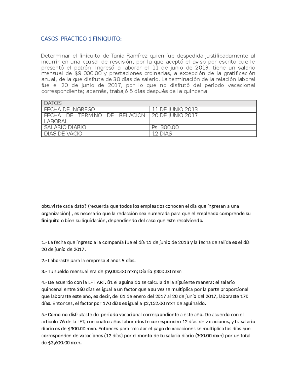 CASO Practico 1 Finiquito - CASOS PRACTICO 1 FINIQUITO: Determinar el ...