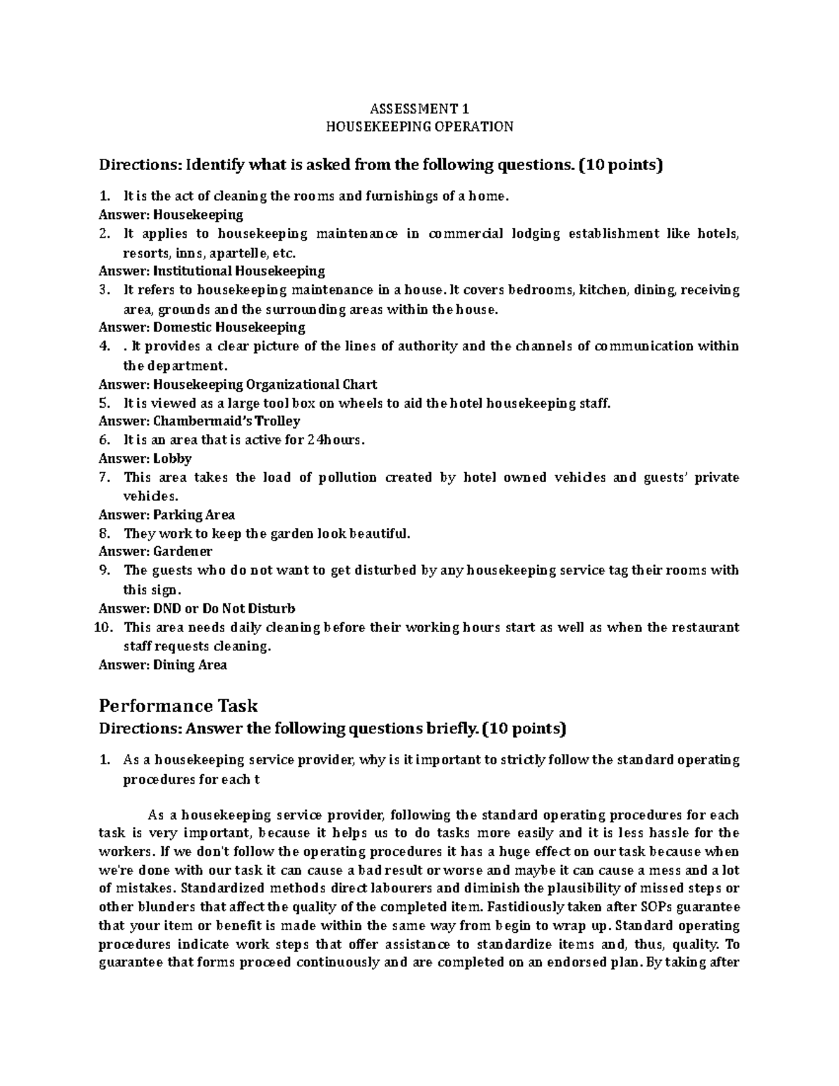 Assessment 1 ASSESSMENT 1 HOUSEKEEPING OPERATION Directions Identify