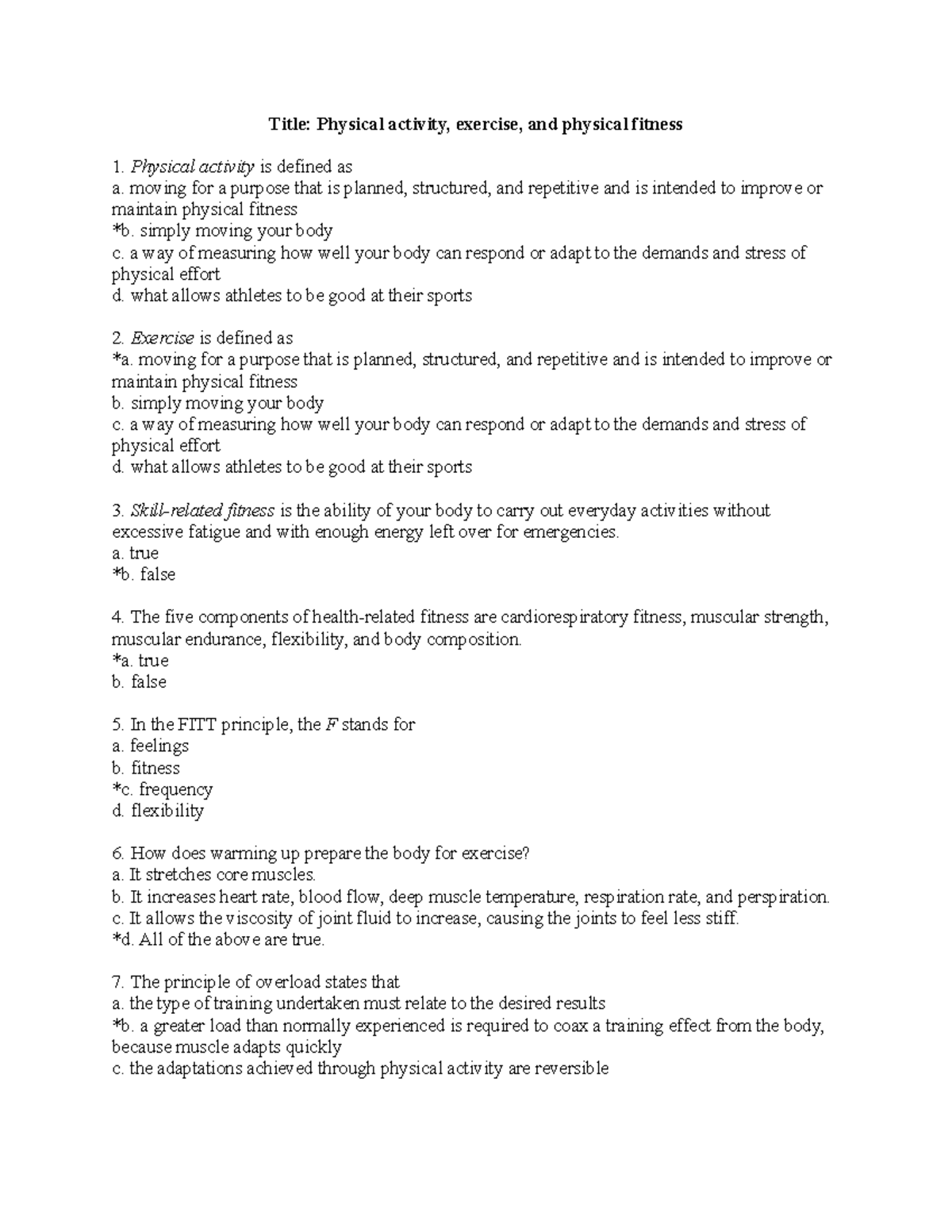 Fitness & Body Composition Questions Title Physical activity