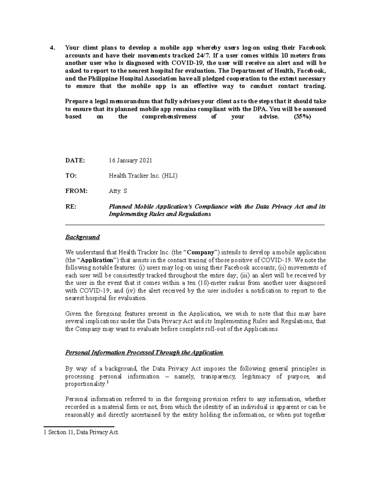 #4 DPA exam (KTT) - Data Privacy Act - Your client plans to develop a ...
