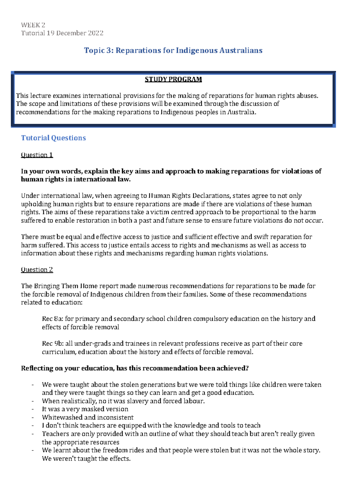 Topic 3 - Reparations for indigenous australians - WEEK 2 Tutorial 19 ...