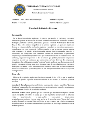 Historia de la Química Orgánica PDF - Warning: TT: undefined function: 32  UNIVERSIDAD CENTRAL DEL - Studocu