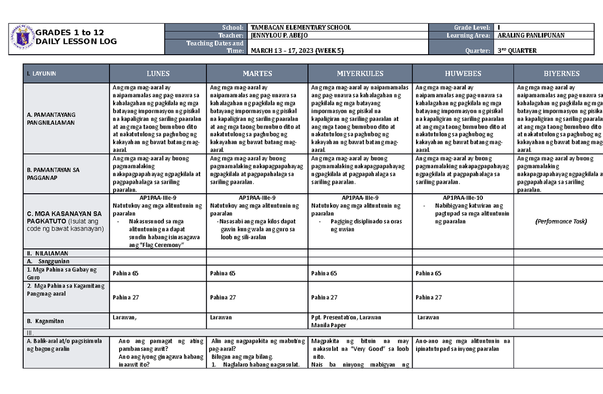 DLL Araling Panlipunan 1 Q3 W5 - GRADES 1 to 12 DAILY LESSON LOG School ...