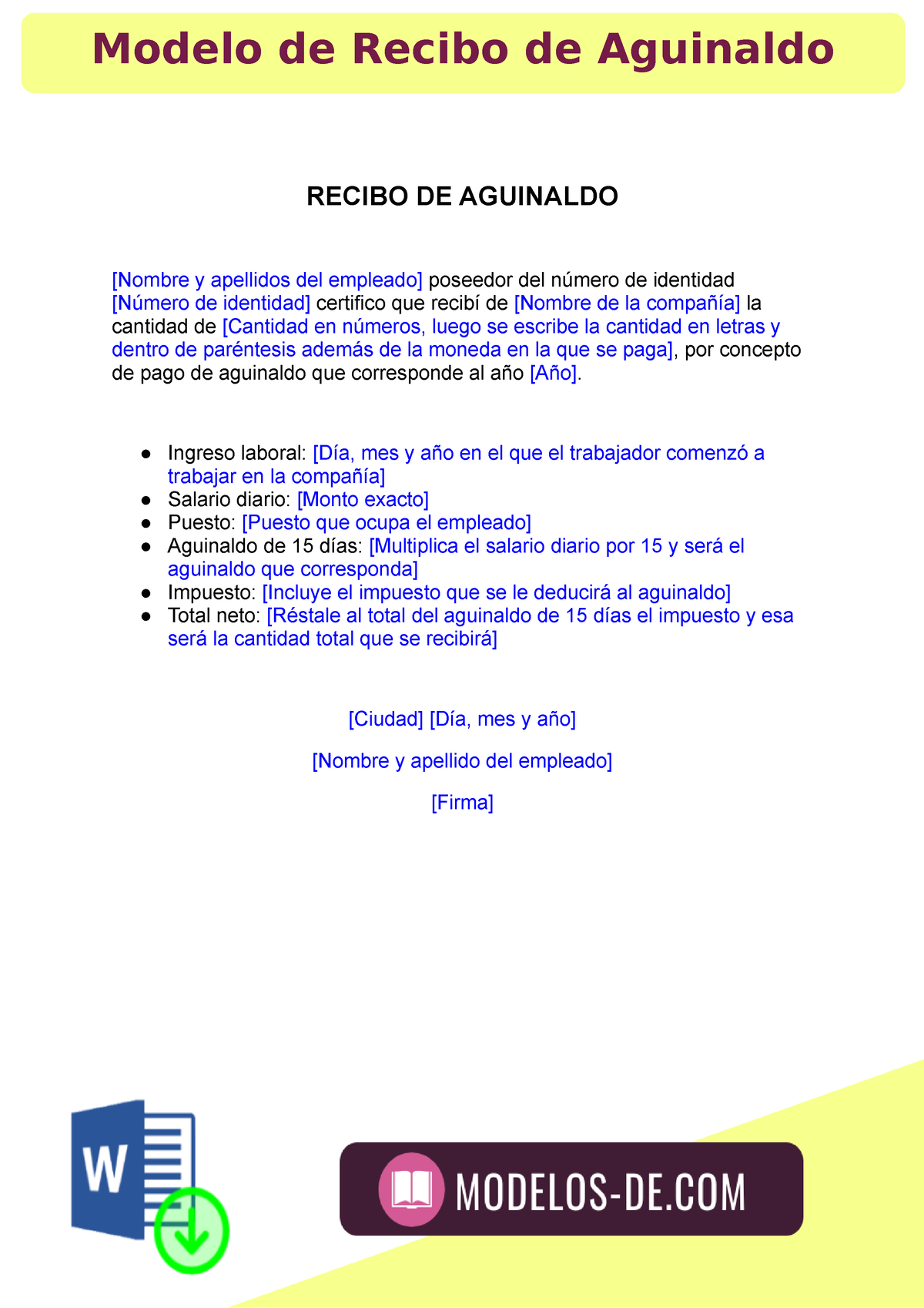 Modelo Recibos De Pago Modelo de Recibo de Aguinaldo - RECIBO DE AGUINALDO [Nombre y apellidos del  empleado] poseedor del - Studocu