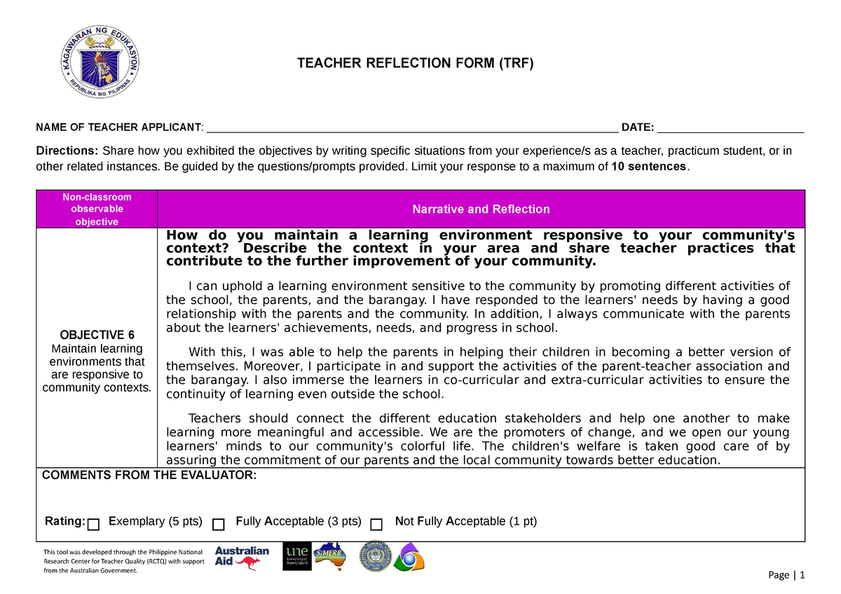 Teacher Reflection Form TRF 1 - TEACHER REFLECTION FORM (TRF) NAME OF ...