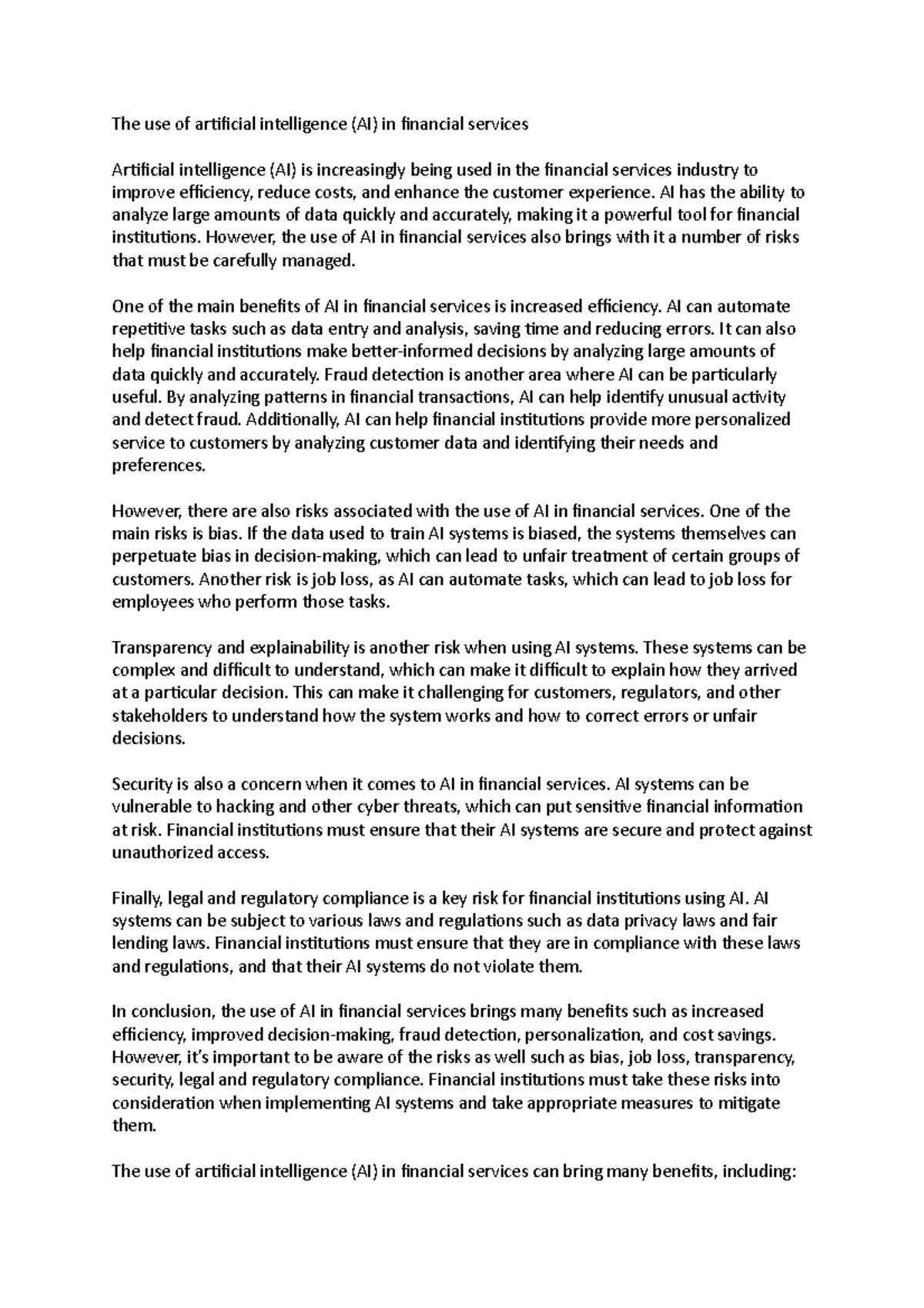 The use of artificial intelligence (AI) in financial services - AI has ...