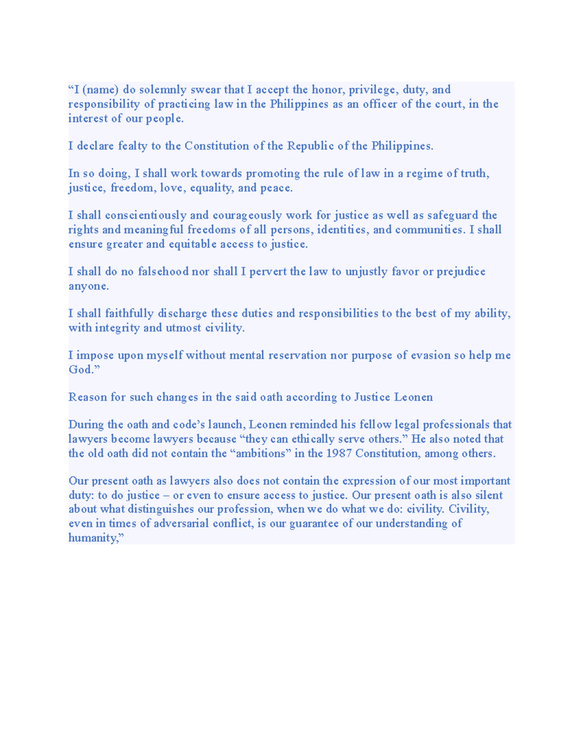 Lawyers OATH (2023) Oath “I (name) do solemnly swear that I accept the honor, privilege