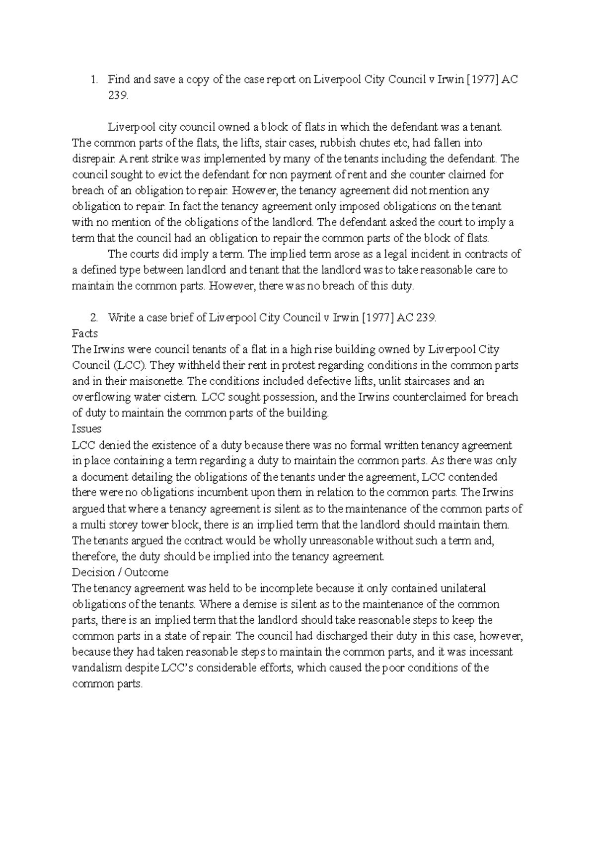 Preparation task Week 6 Find and save a copy of the case report on Liverpool City Council v