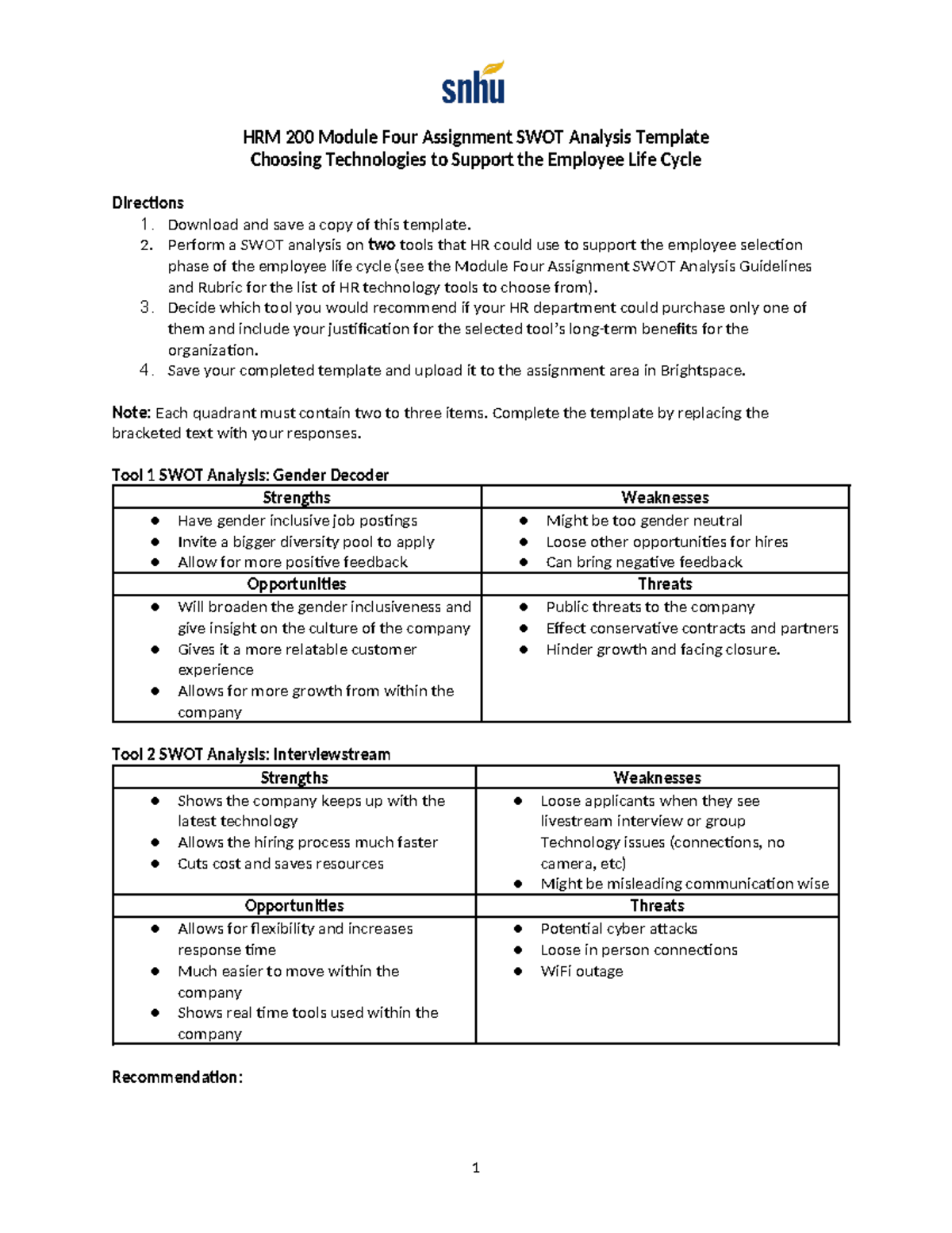 HRM 200 Module Four Assignment SWOT Analysis Template - Download And ...