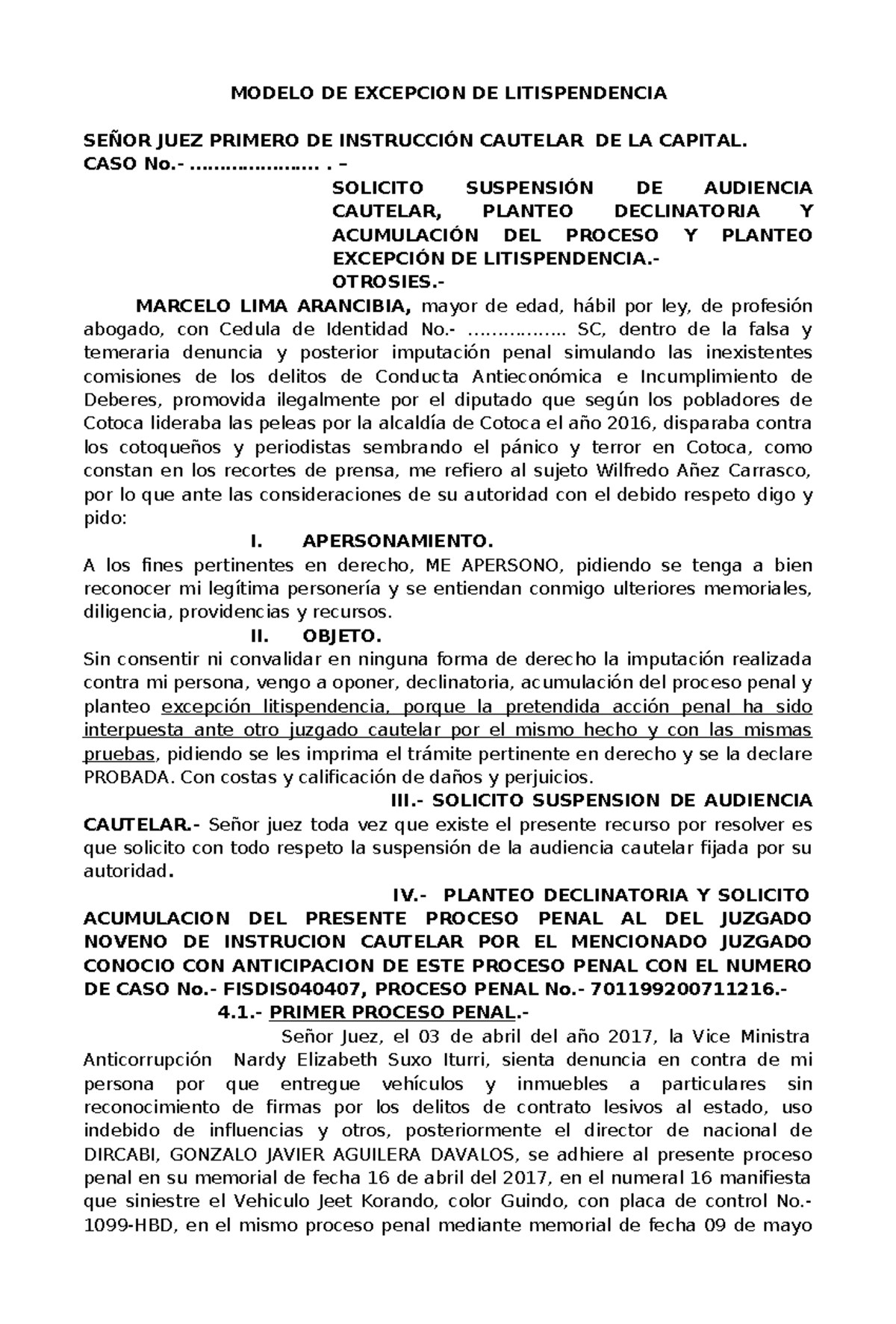 Excepcion DE Litispendencia - MODELO DE EXCEPCION DE LITISPENDENCIA ...