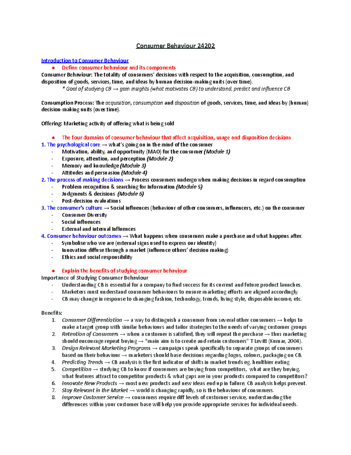 Q2 CB Notes - Consumer Behaviour 24202 Introduction to Consumer ...