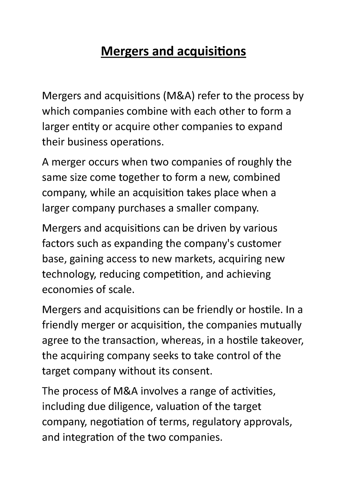 Mergers And Acquisitions 1 - Mergers And Acquisitions Mergers And ...