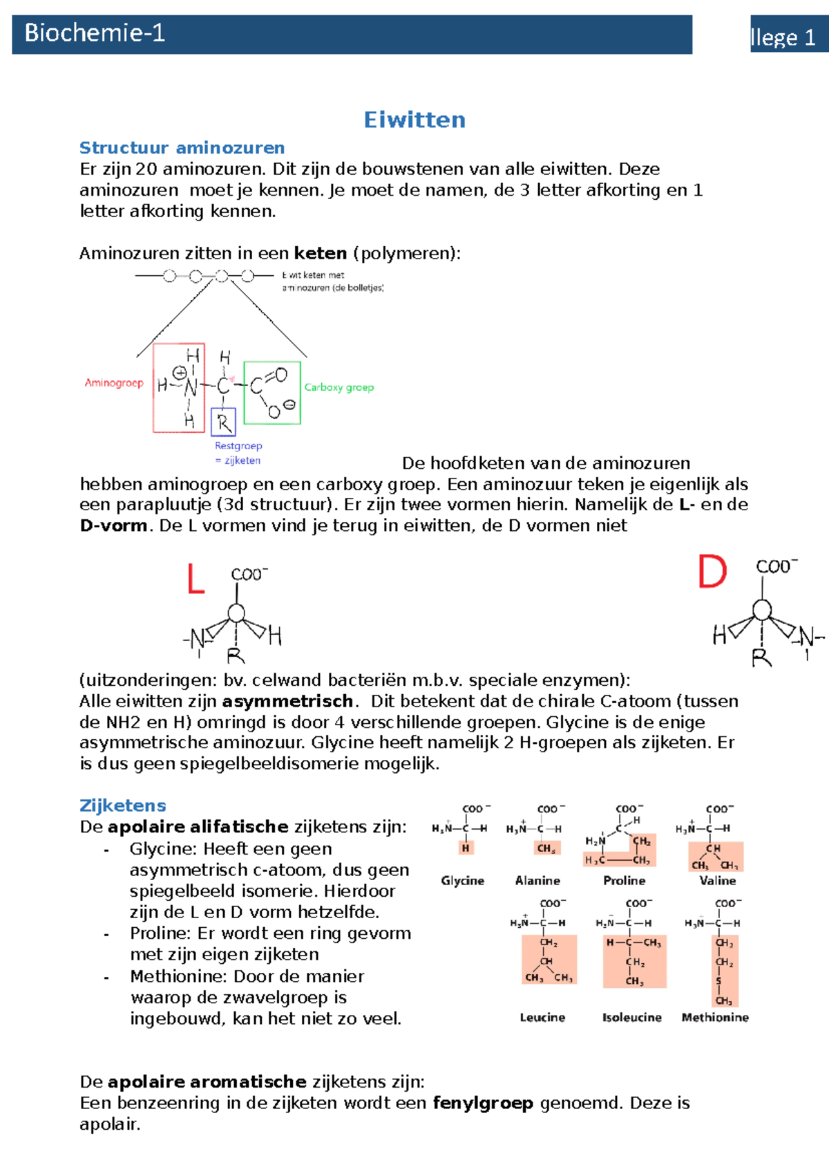 College 1 (17-09-2018 ) - Eiwitten Structuur Aminozuren Er Zijn 20 ...