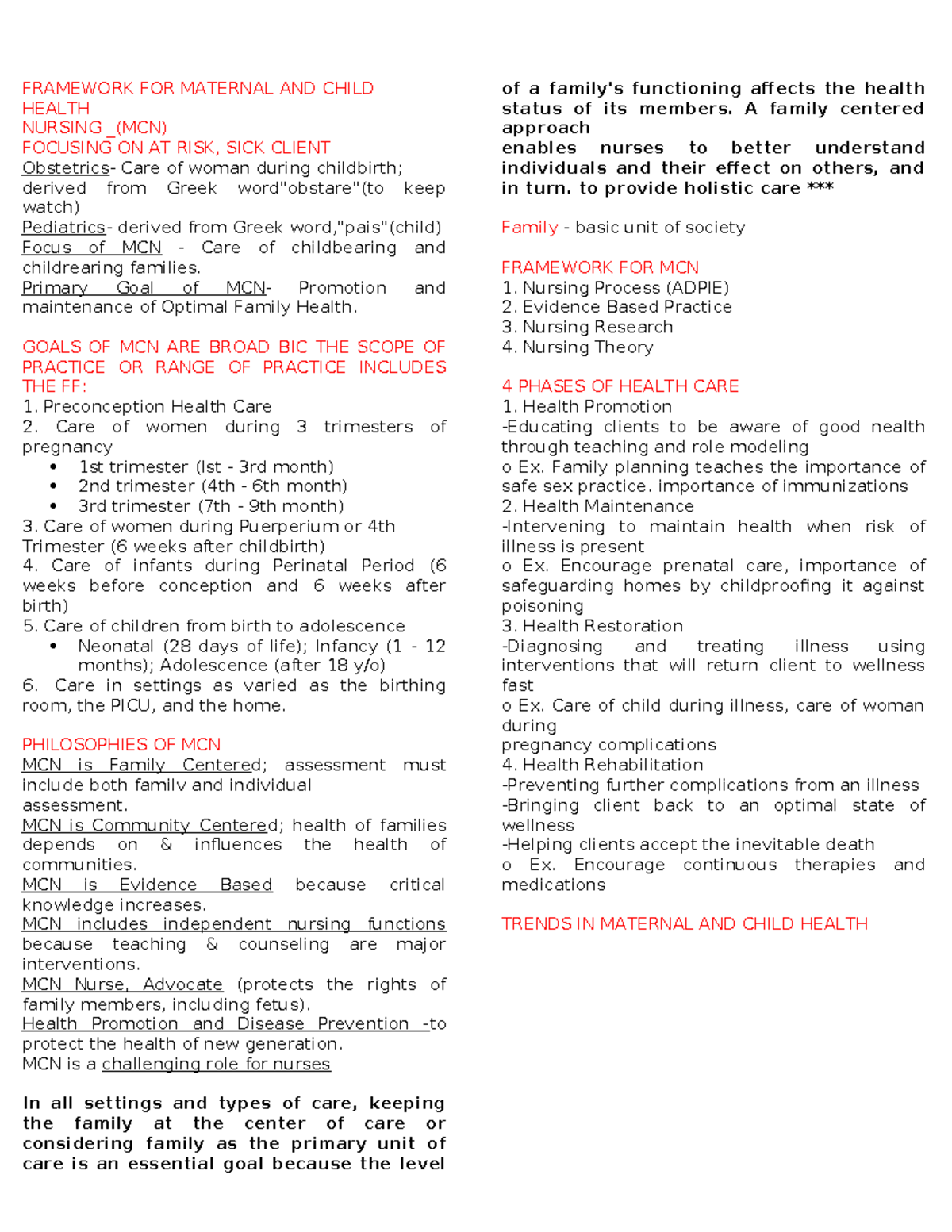 MCN 1 Complete WORD - Lecture nores on MCN - FRAMEWORK FOR MATERNAL AND ...