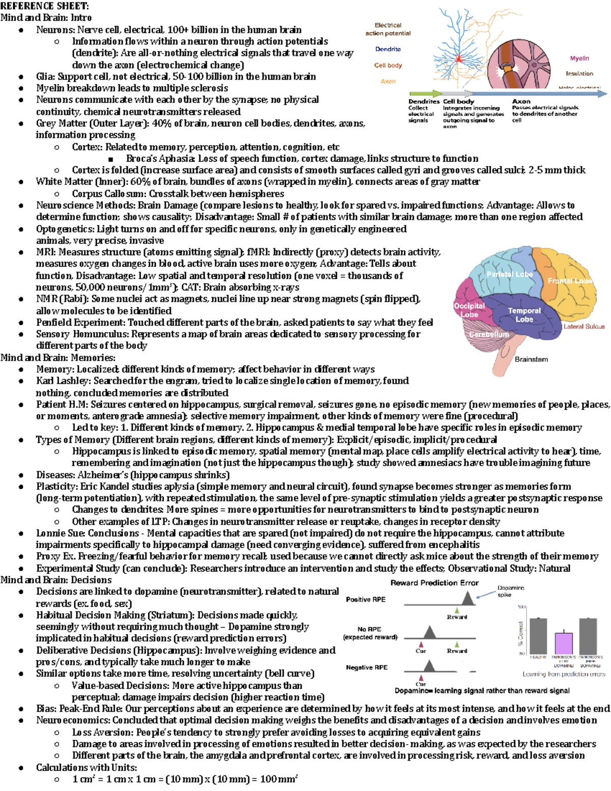 Frosci Midterm Reference Sheet - REFERENCE SHEET: Mind and Brain: Intro ...