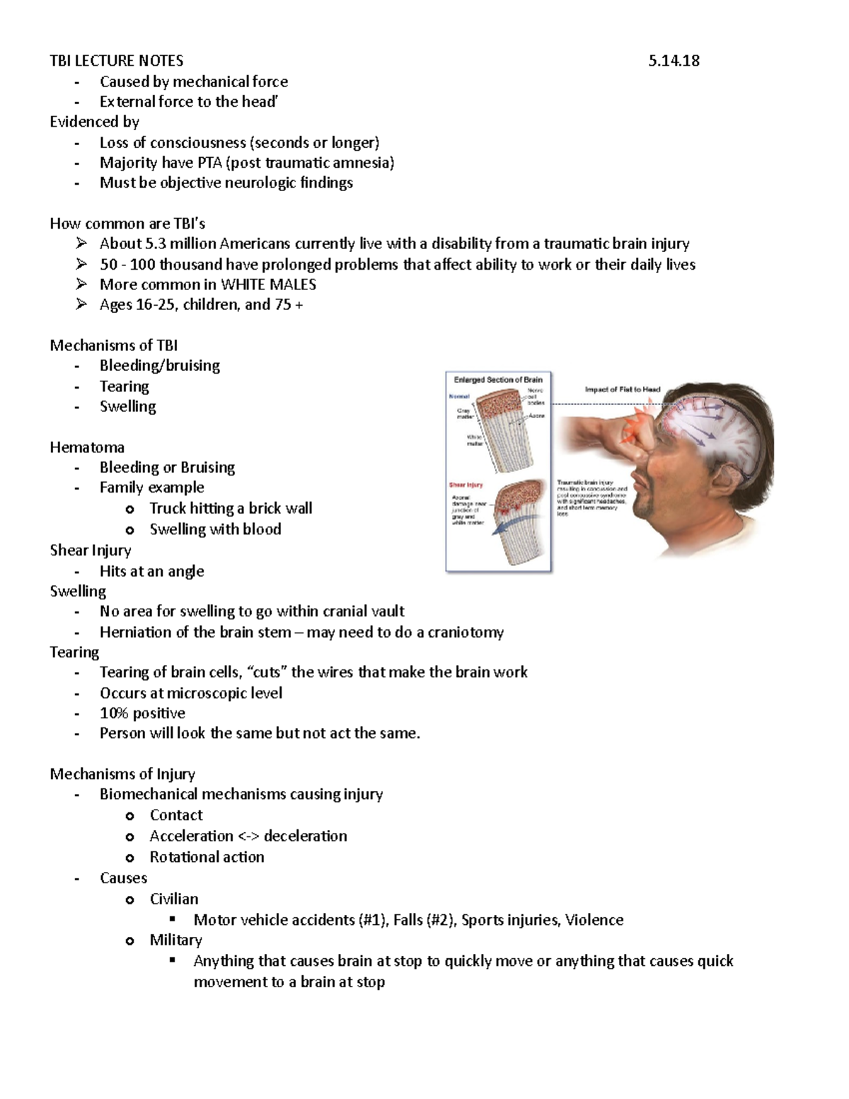 Traumatic Brain Injury Notes - Caused by mechanical force - External ...