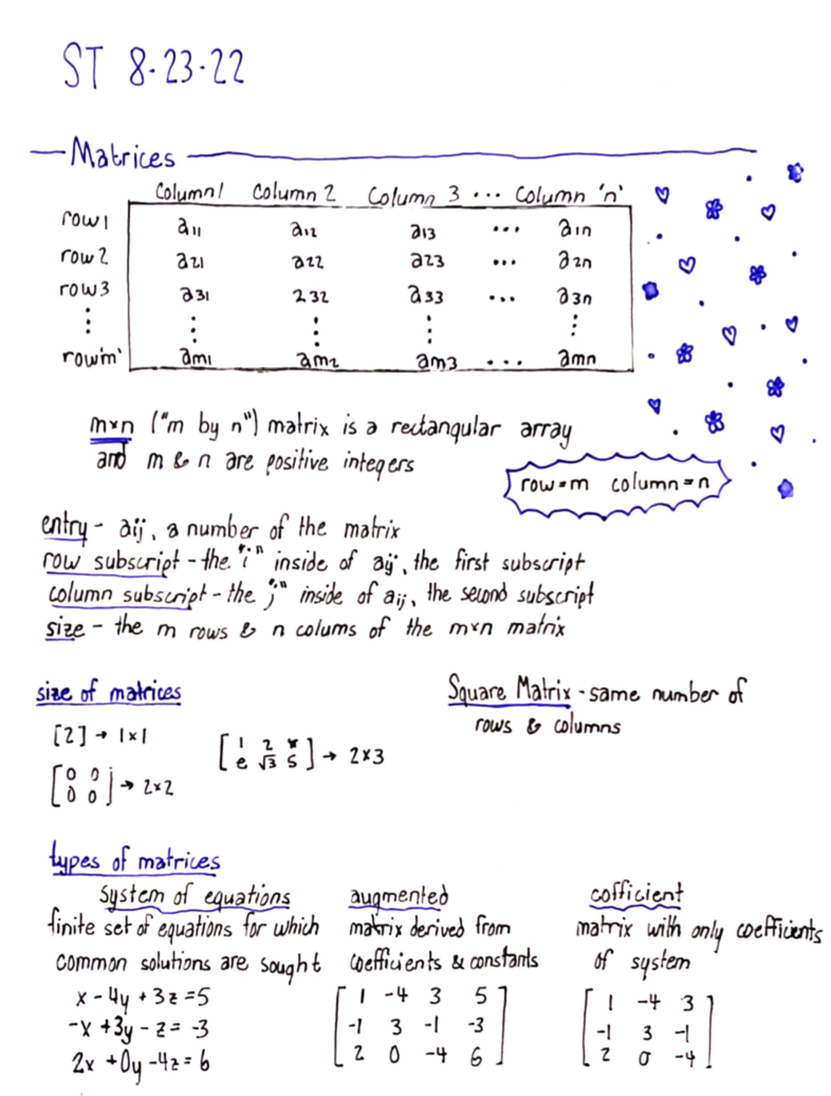 Linear Algebra Notes - ST 8-23-Matrices row l row 2 row 3 : rowm ...
