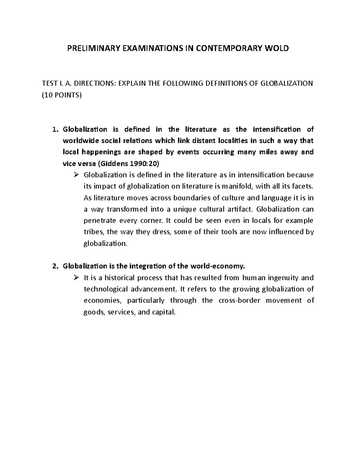 Preliminary Examinations IN Contemporary WOLD - PRELIMINARY ...