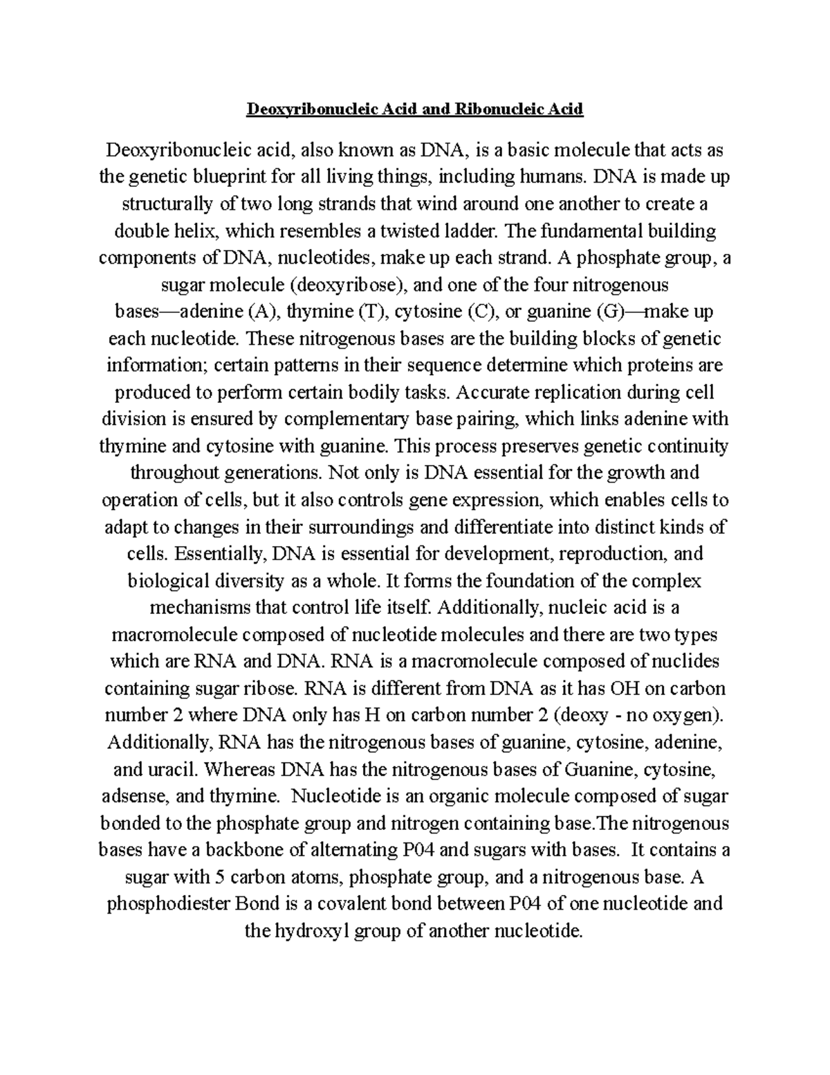 Deoxyribonucleic Acid and Ribonucleic Acid - Deoxyribonucleic Acid and ...