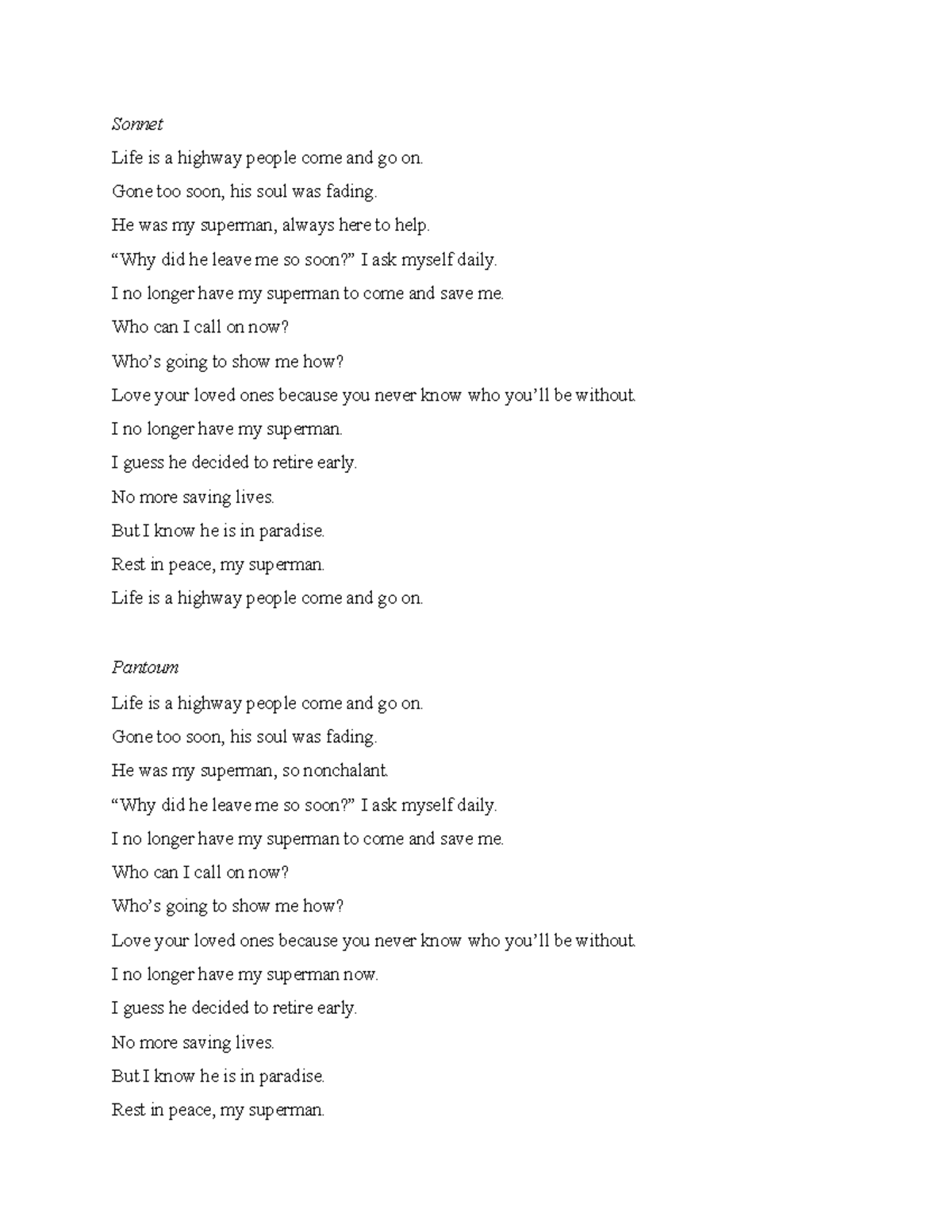 2-3 Poetry Submission 1 Two Formal Poems - Sonnet Life is a highway ...