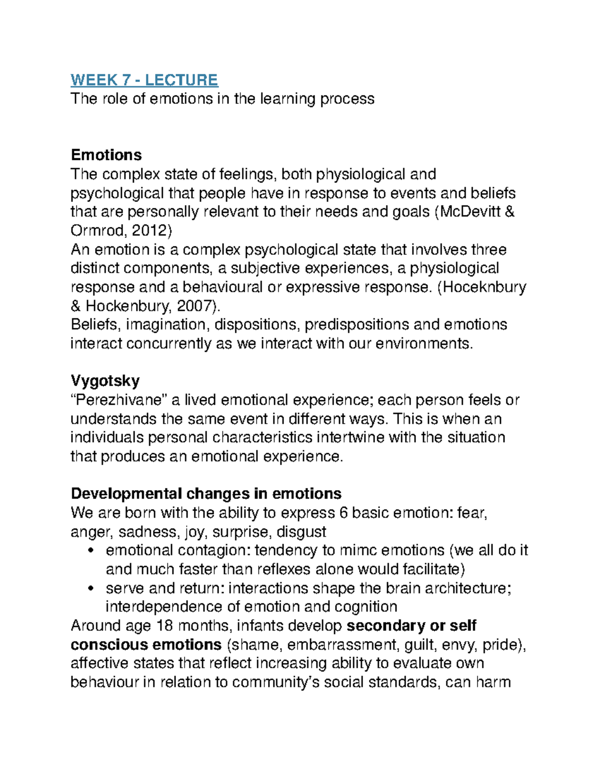 Week 7 - Lecture notes 7 - WEEK 7 LECTURE The role of emotions in the ...
