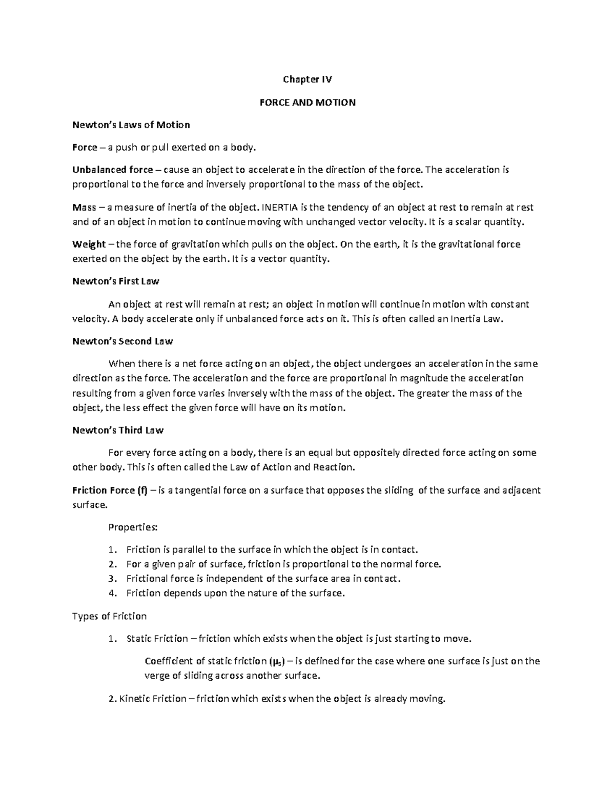 PHYS Chapter IV Force and Motion - Chapter IV FORCE AND MOTION Newton’s ...