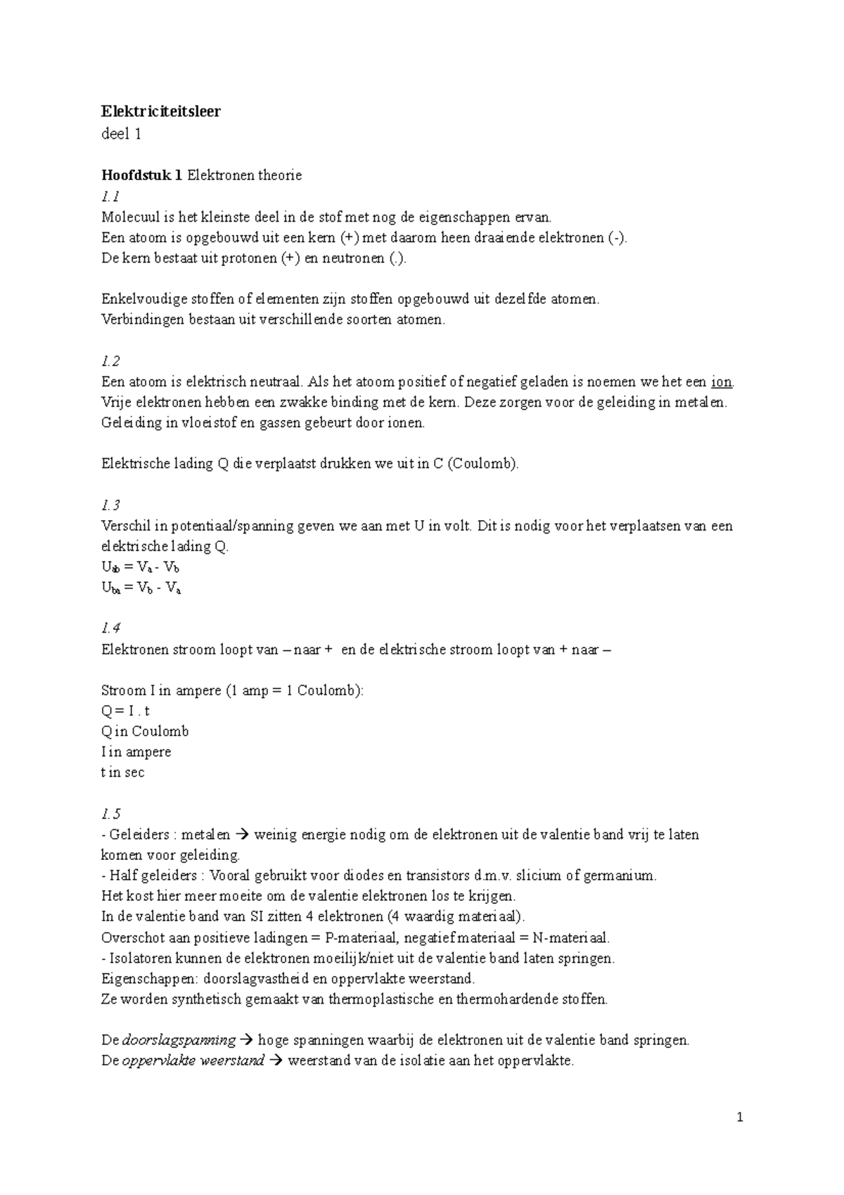 Samenvatting - Compleet - Elektriciteit M1 - Elektriciteitsleer Deel 1 ...