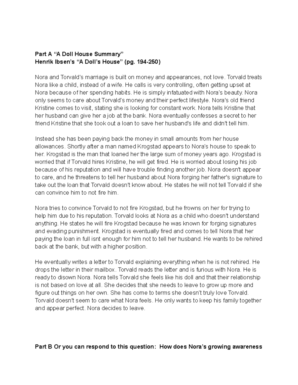 A Doll's House Summary part A and B (1) Part A “A Doll House Summary