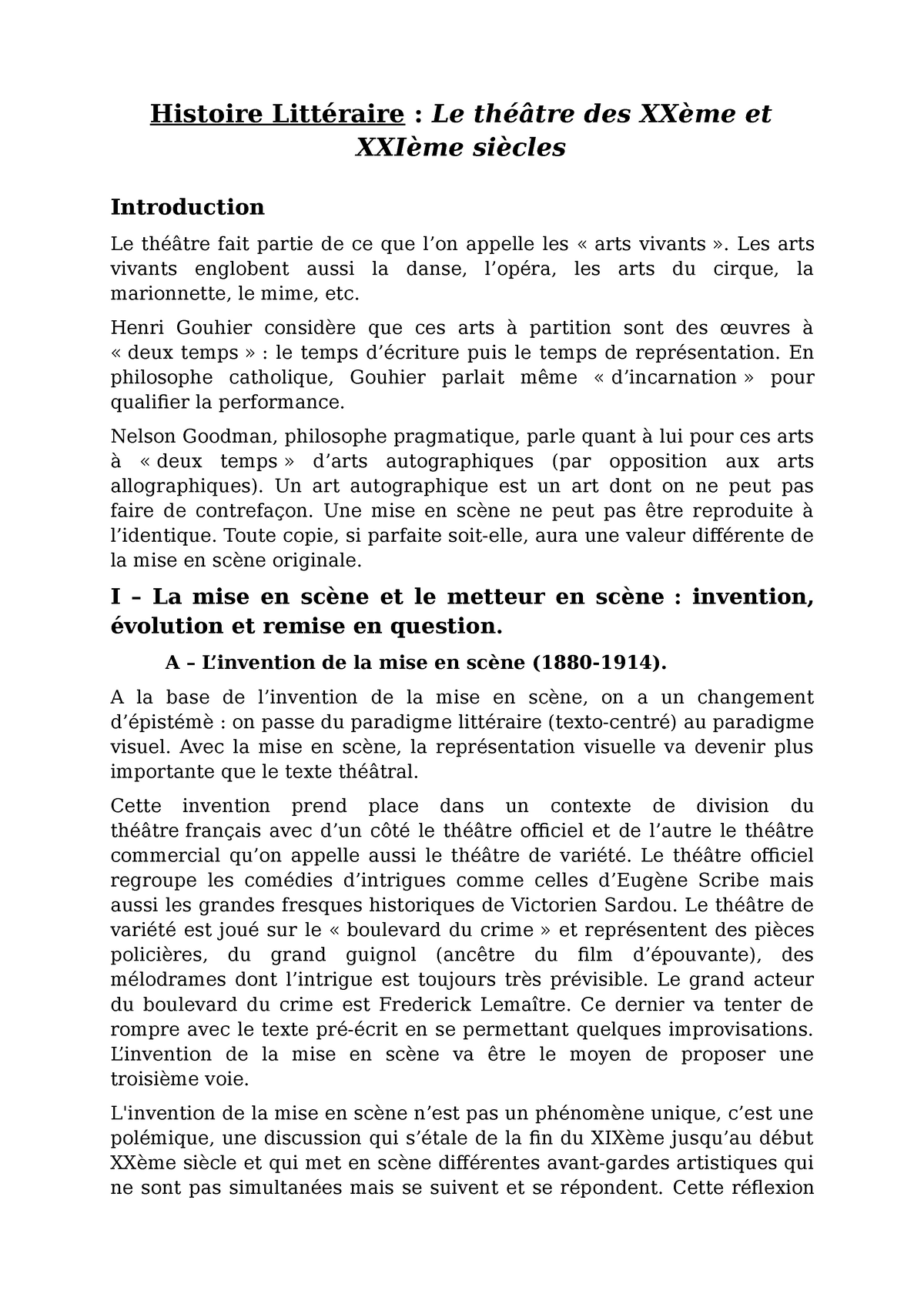 Le Théâtre aux XXème et XXIème siècles (cours complet) - Histoire Littéraire : Le théâtre des 