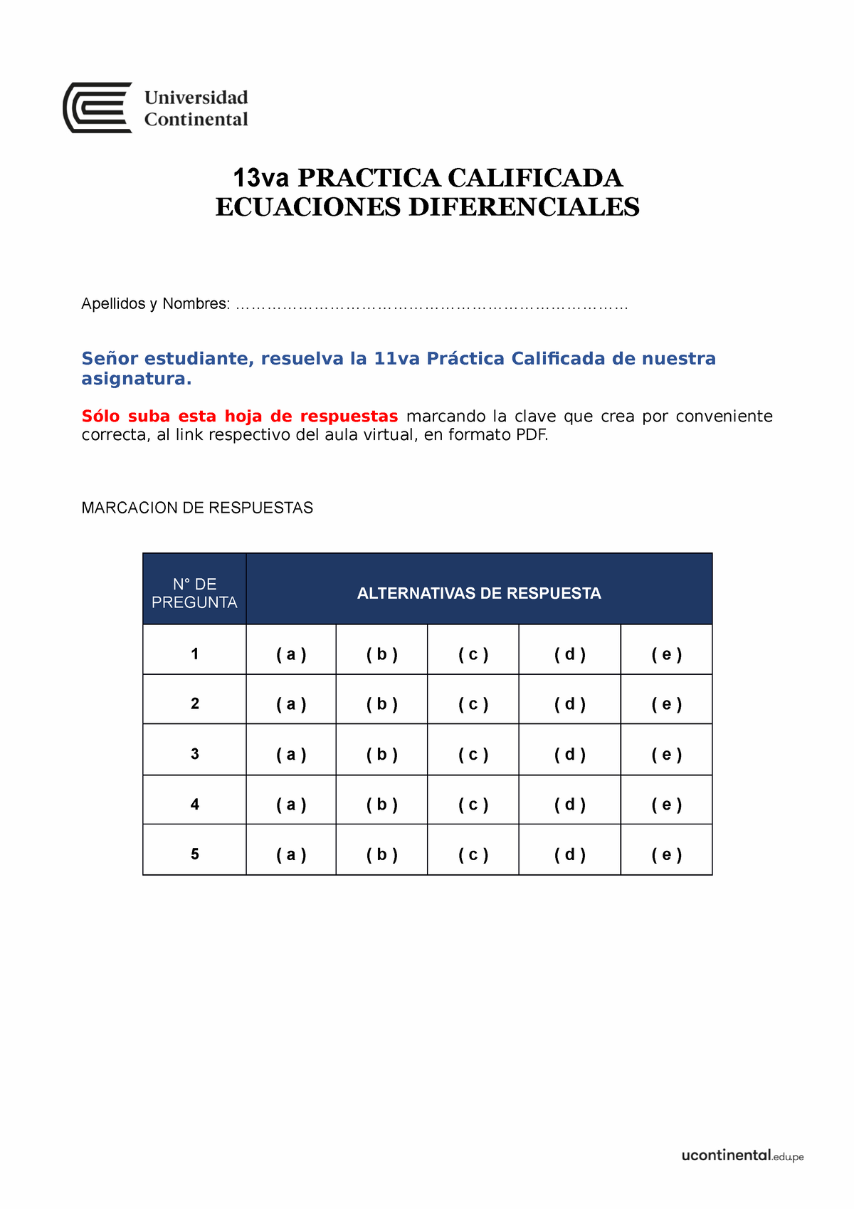 13va Practica Calificada - 13va PRACTICA CALIFICADA ECUACIONES ...